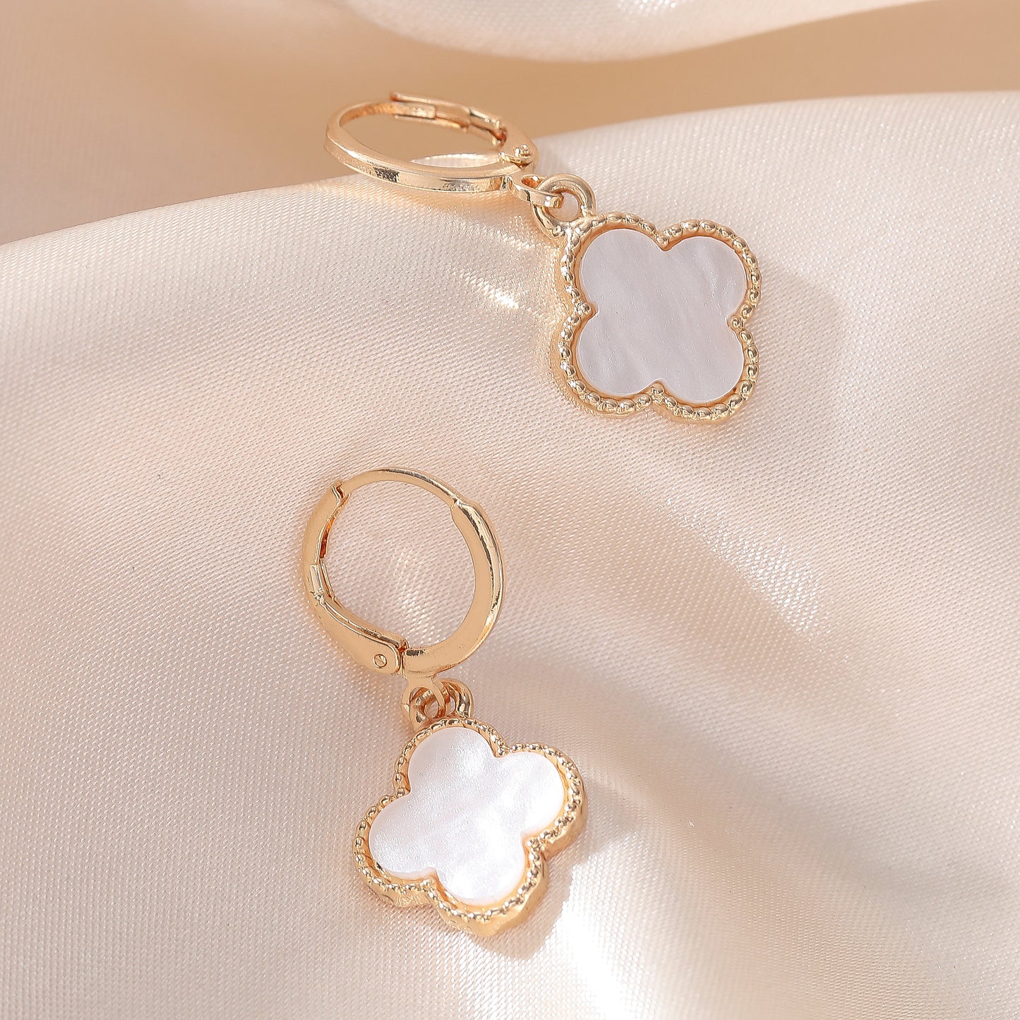 Elegant Clover Drop Earrings with Pearlized Finish – Gold Plated