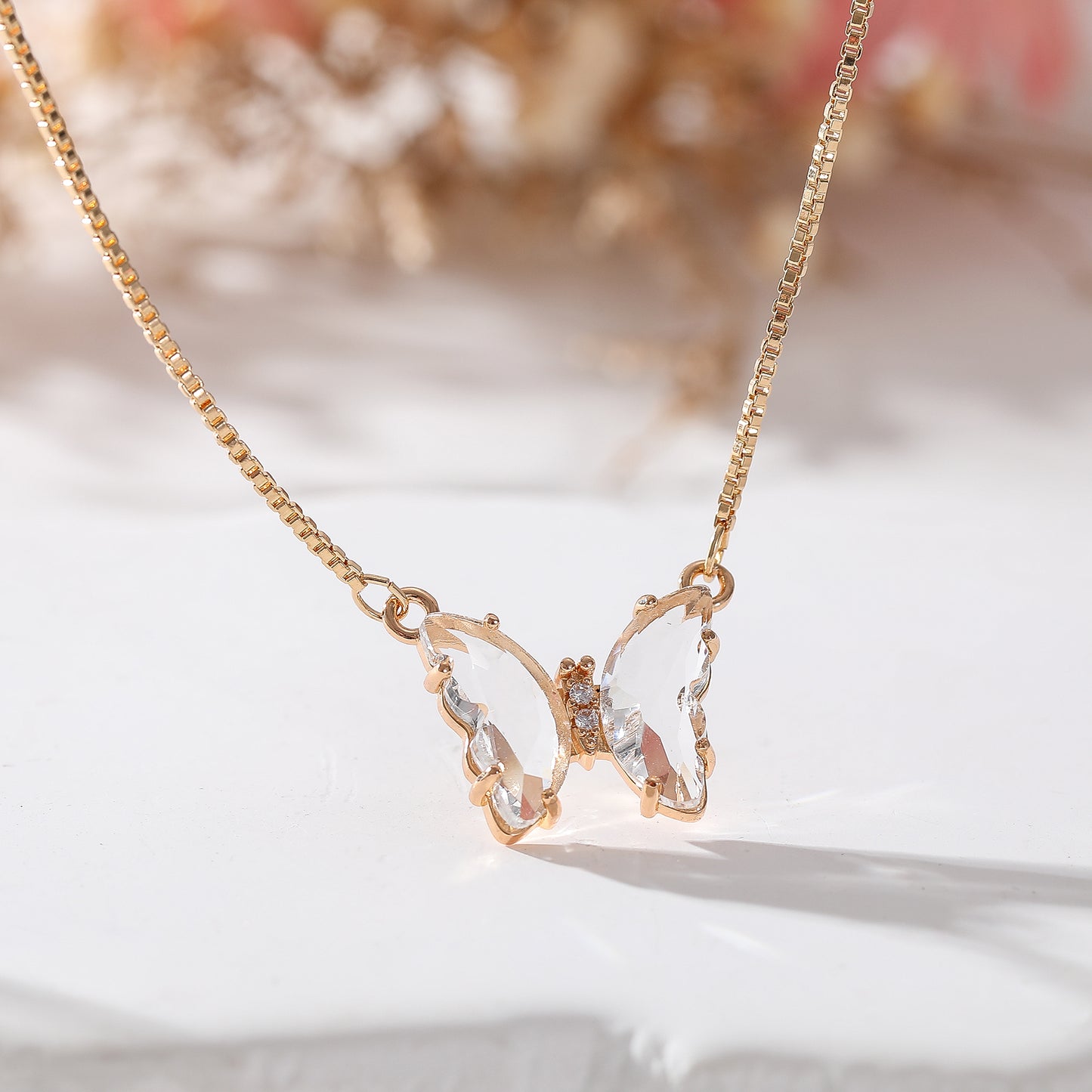 Assorted Crystal Butterfly Necklace on Gold Chain - Elegant Dainty Jewelry for Women