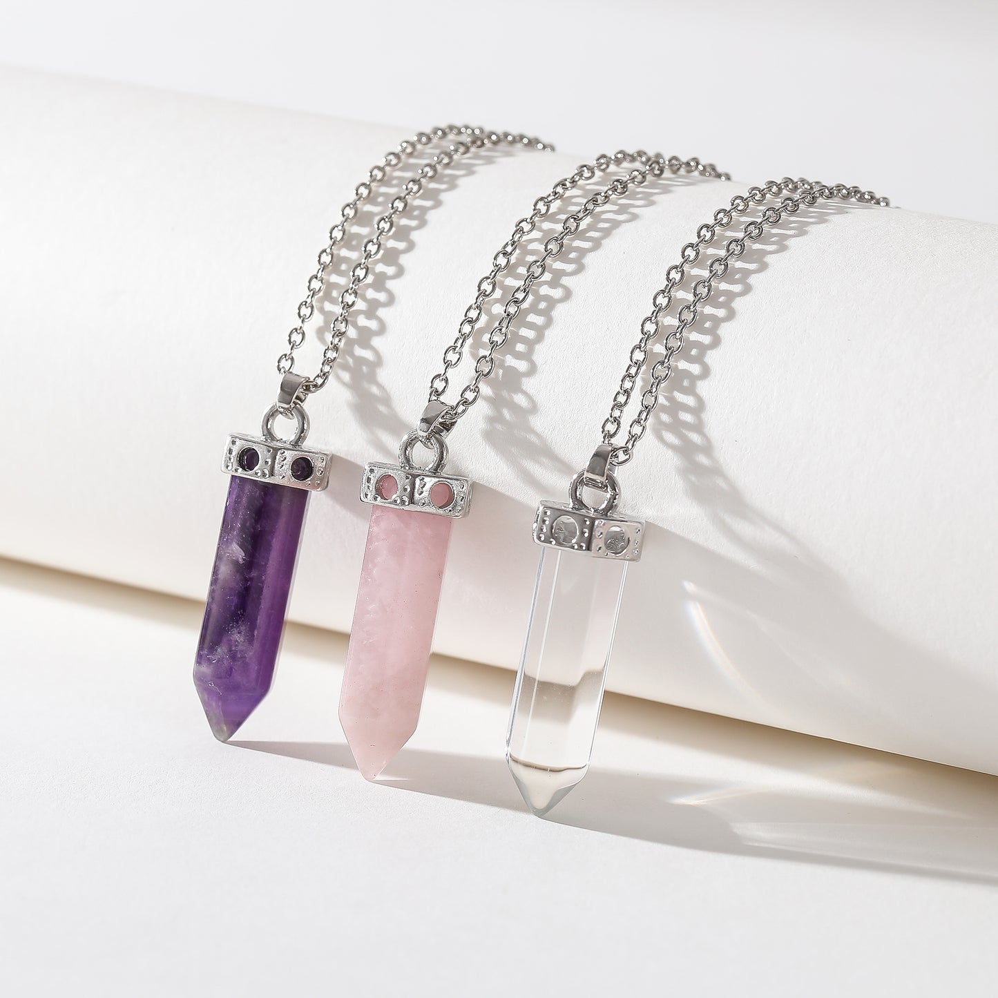 Assorted Crystal Point Necklace - Purple, Pink, and Clear Gemstone Pendants on Sterling Silver Chain - Elegant Healing Jewelry