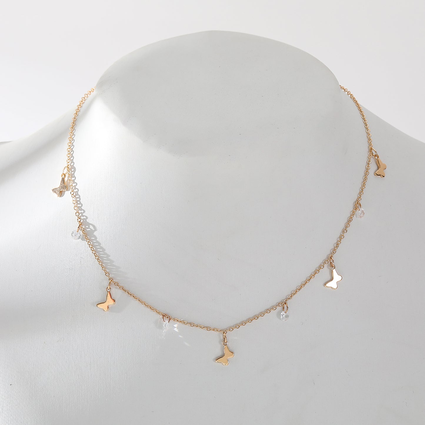 Delicate Gold Butterfly Chain Necklace with Assorted Crystal Dangles - Elegant & Charming Jewelry for Women, Perfect for Everyday Wear or Special Occasions