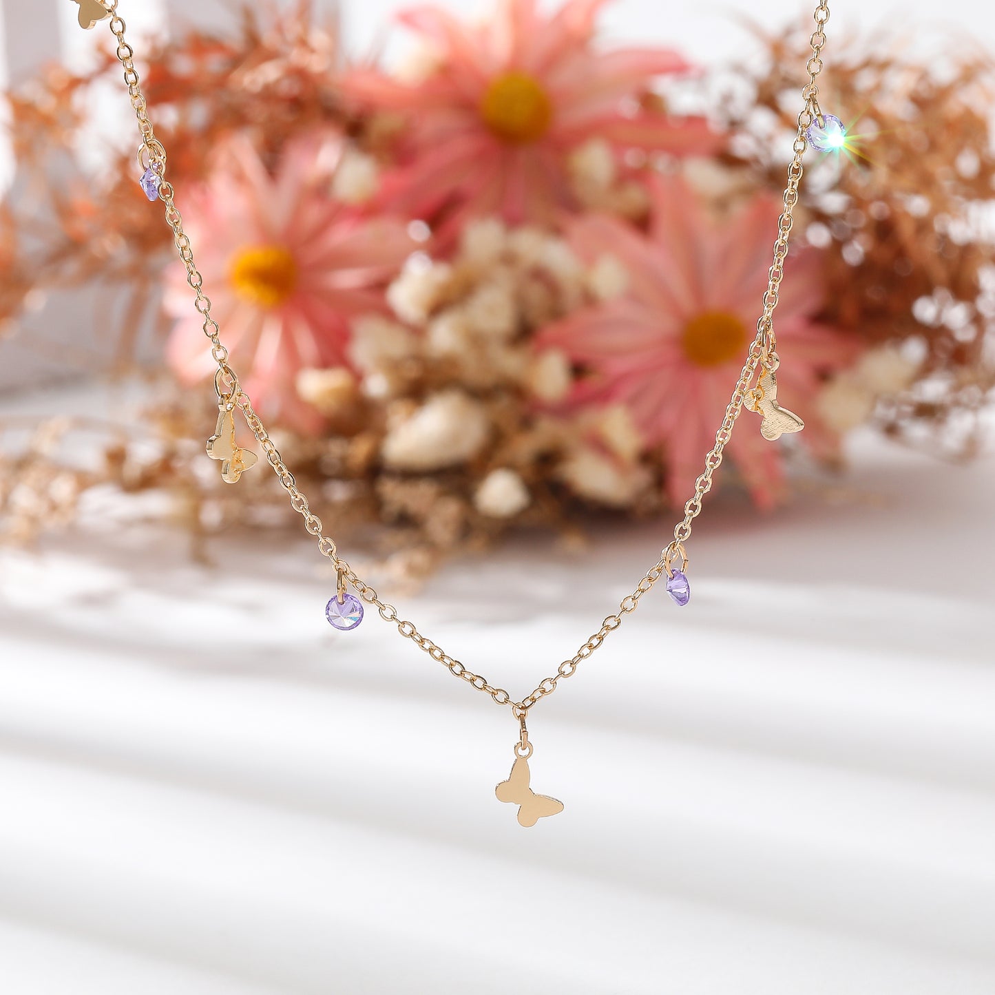 Delicate Gold Butterfly Chain Necklace with Assorted Crystal Dangles - Elegant & Charming Jewelry for Women, Perfect for Everyday Wear or Special Occasions