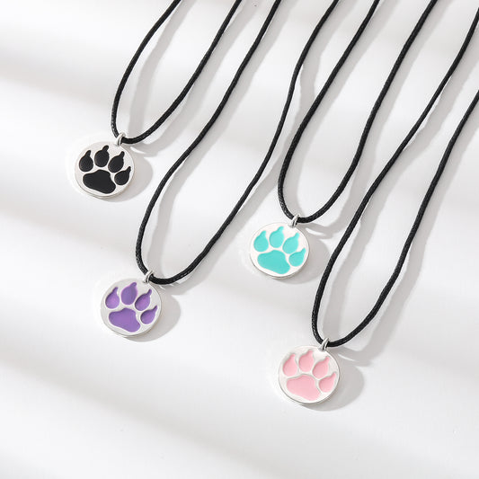 Vibrant Enamel Animal Paw Necklace - Black Cord with Multicolor Bear Paw Charms - Stylish & Playful Jewelry