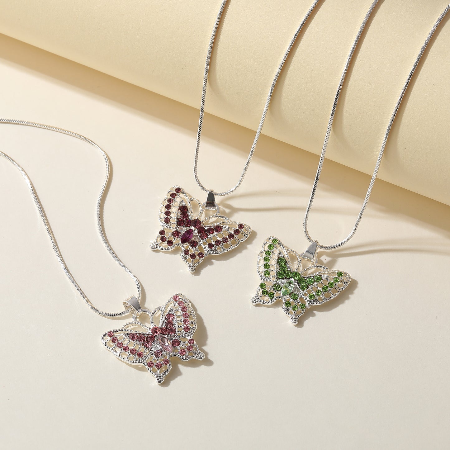 Rhinestone Butterfly Necklace on Ball Chain - Elegant & Colorful Jewelry for Women