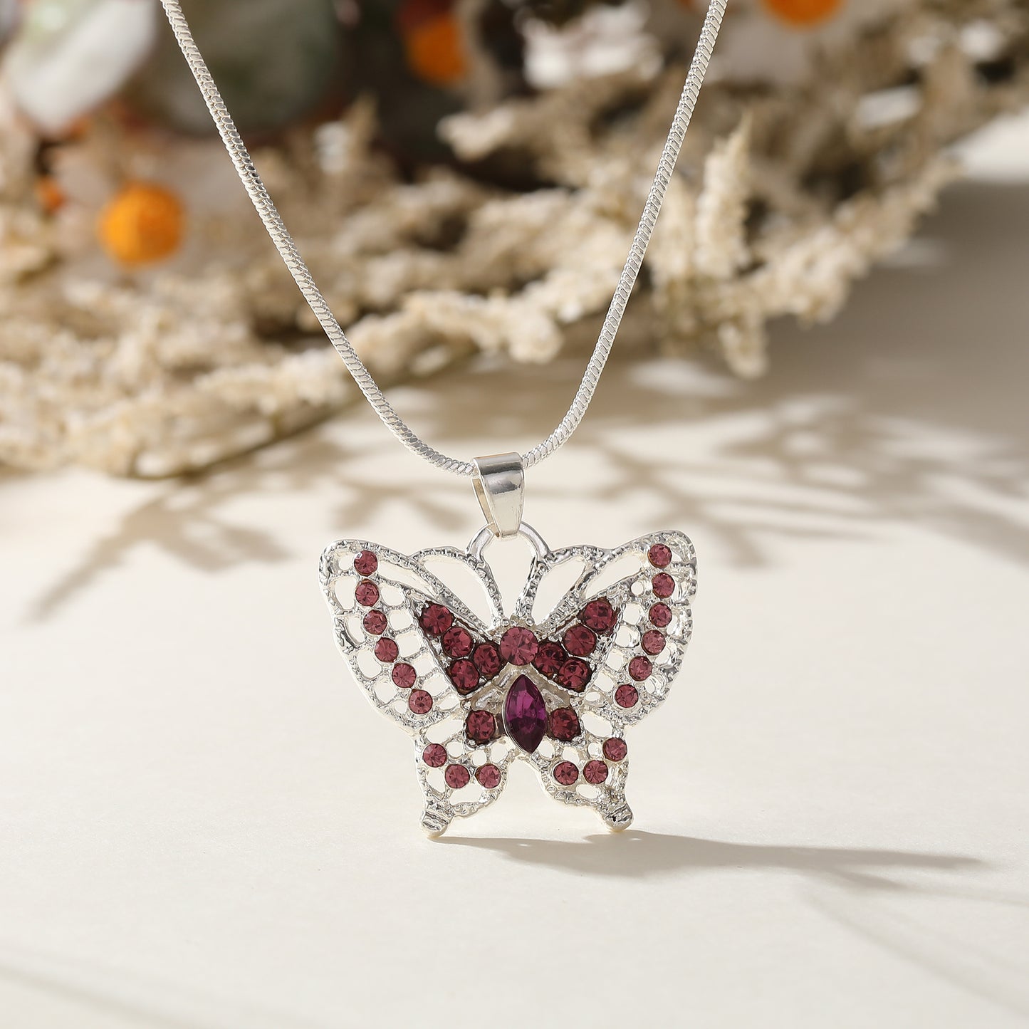 Rhinestone Butterfly Necklace on Ball Chain - Elegant & Colorful Jewelry for Women