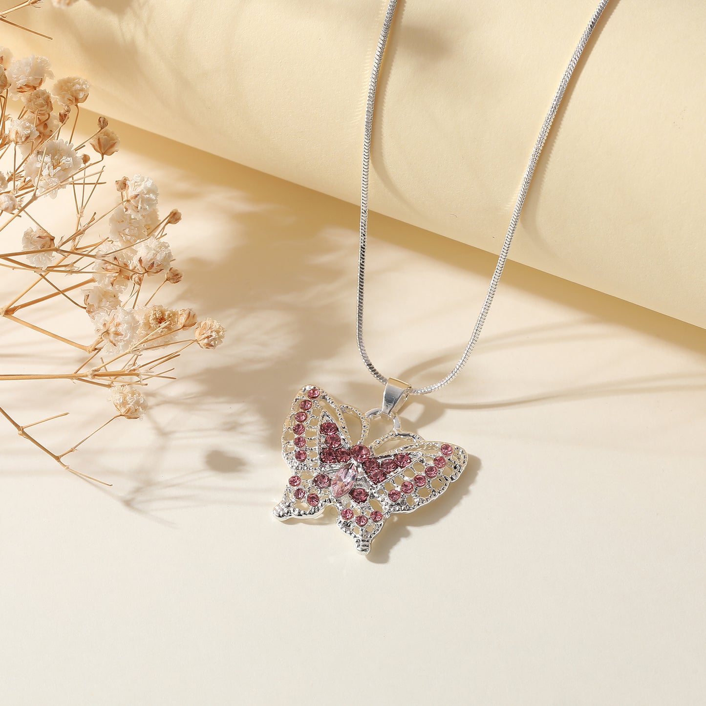 Rhinestone Butterfly Necklace on Ball Chain - Elegant & Colorful Jewelry for Women