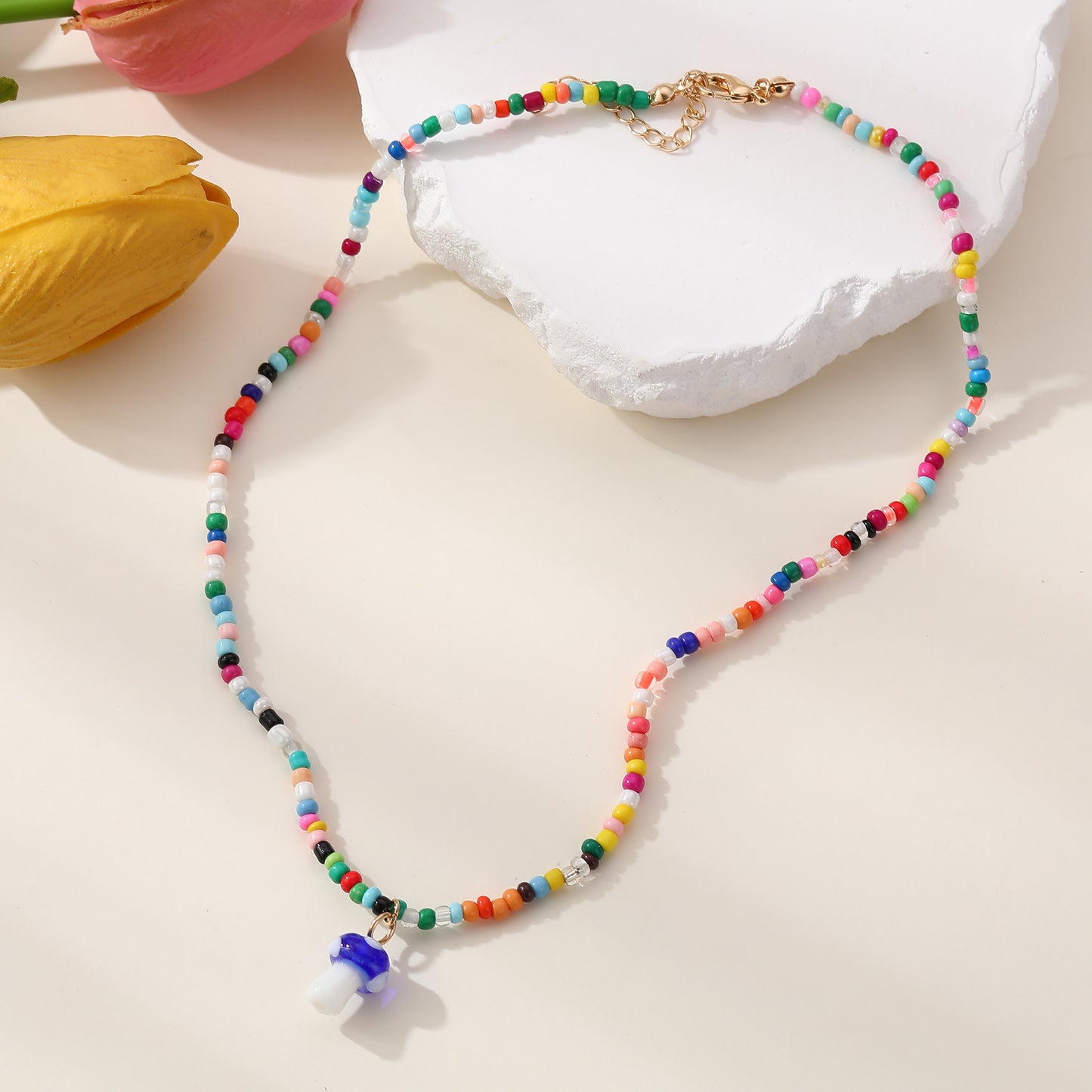 Whimsical Glass Mushroom Beaded Necklace - Colorful & Playful Jewelry for Kids，Teens and Women - Perfect for Everyday Style and Festive Occasions