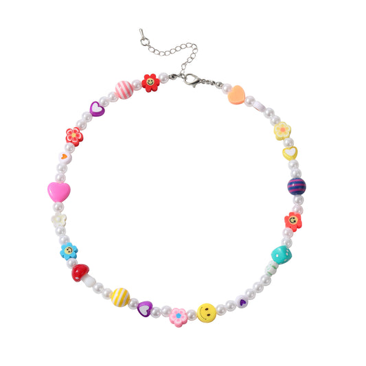 Colorful Fimo Beads & Pearl Choker with Glass Mushroom Charm - Stylish Handmade Necklace for Women & Teens