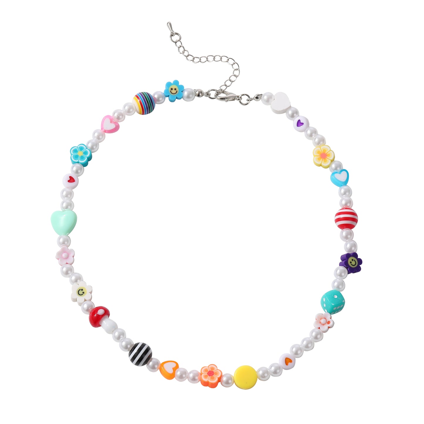 Colorful Fimo Beads & Pearl Choker with Glass Mushroom Charm - Stylish Handmade Necklace for Women & Teens