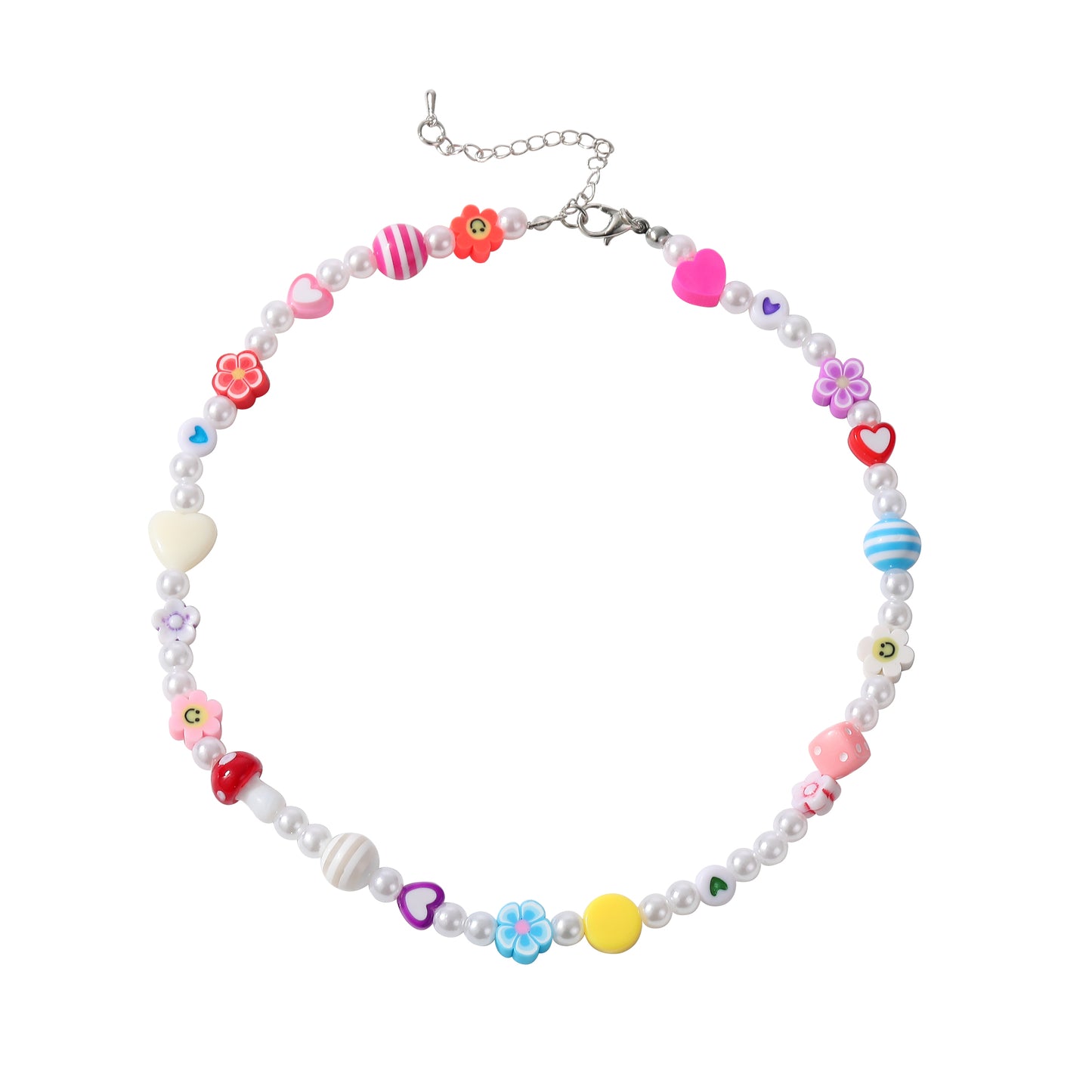 Colorful Fimo Beads & Pearl Choker with Glass Mushroom Charm - Stylish Handmade Necklace for Women & Teens