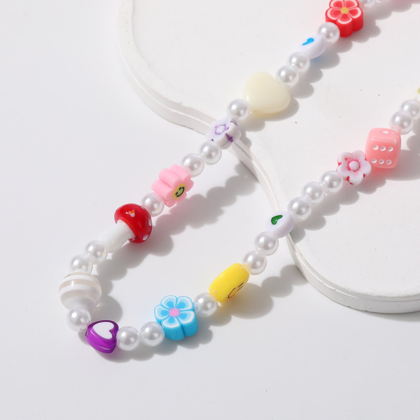 Colorful Fimo Beads & Pearl Choker with Glass Mushroom Charm - Stylish Handmade Necklace for Women & Teens