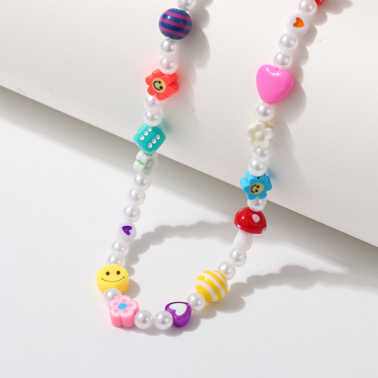 Colorful Fimo Beads & Pearl Choker with Glass Mushroom Charm - Stylish Handmade Necklace for Women & Teens