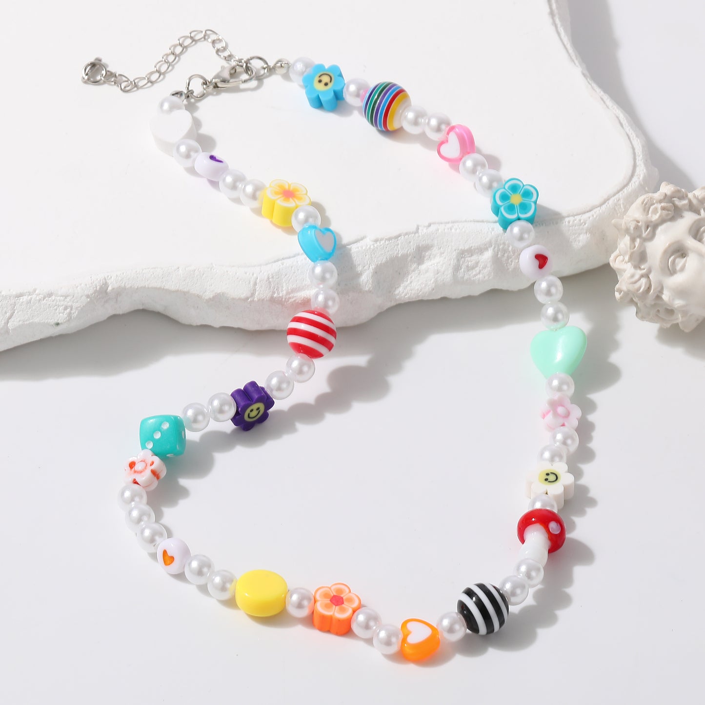 Colorful Fimo Beads & Pearl Choker with Glass Mushroom Charm - Stylish Handmade Necklace for Women & Teens