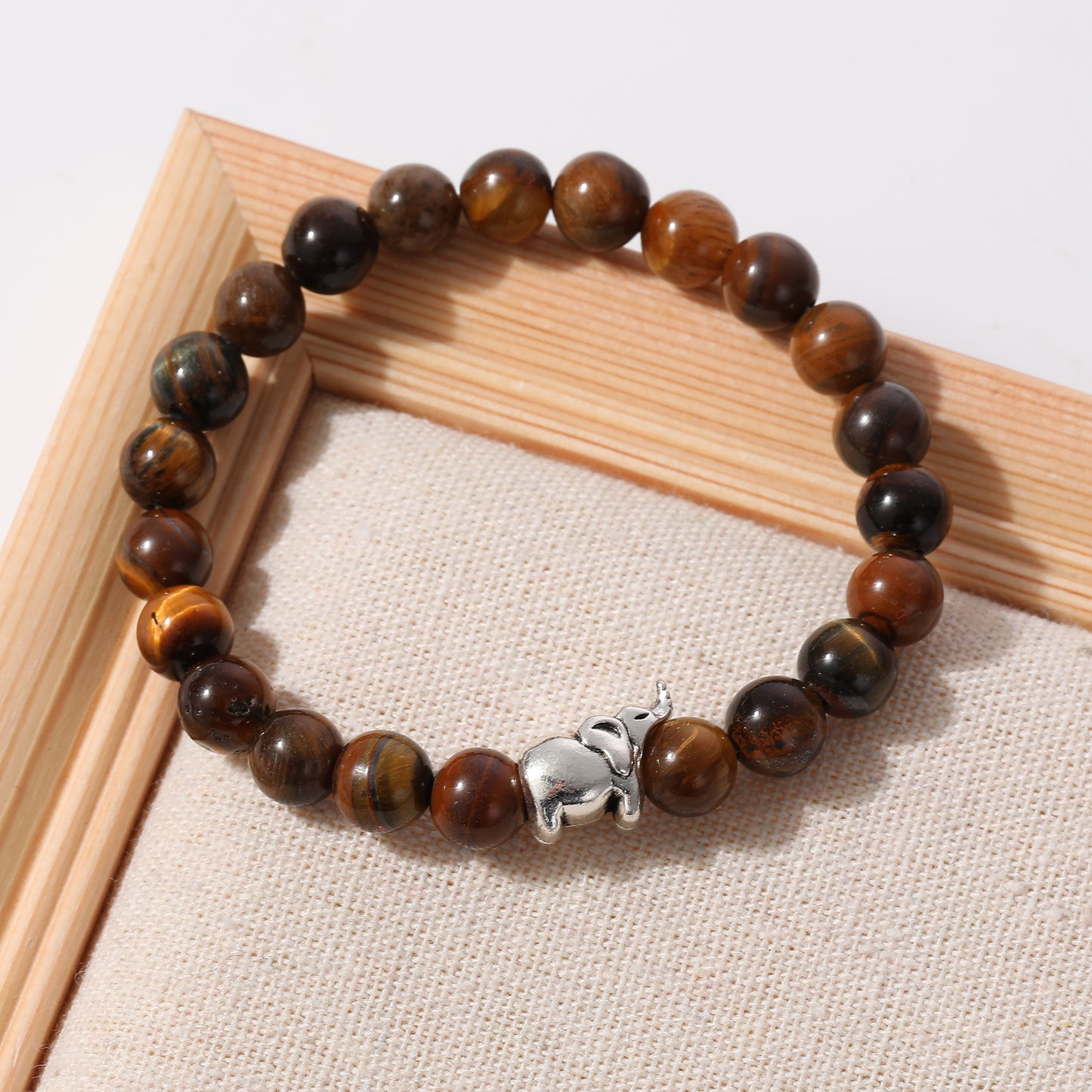 Handmade Genuine Stone Bead Bracelets with Silver Elephant Charms - Boho Style Elastic Jewelry