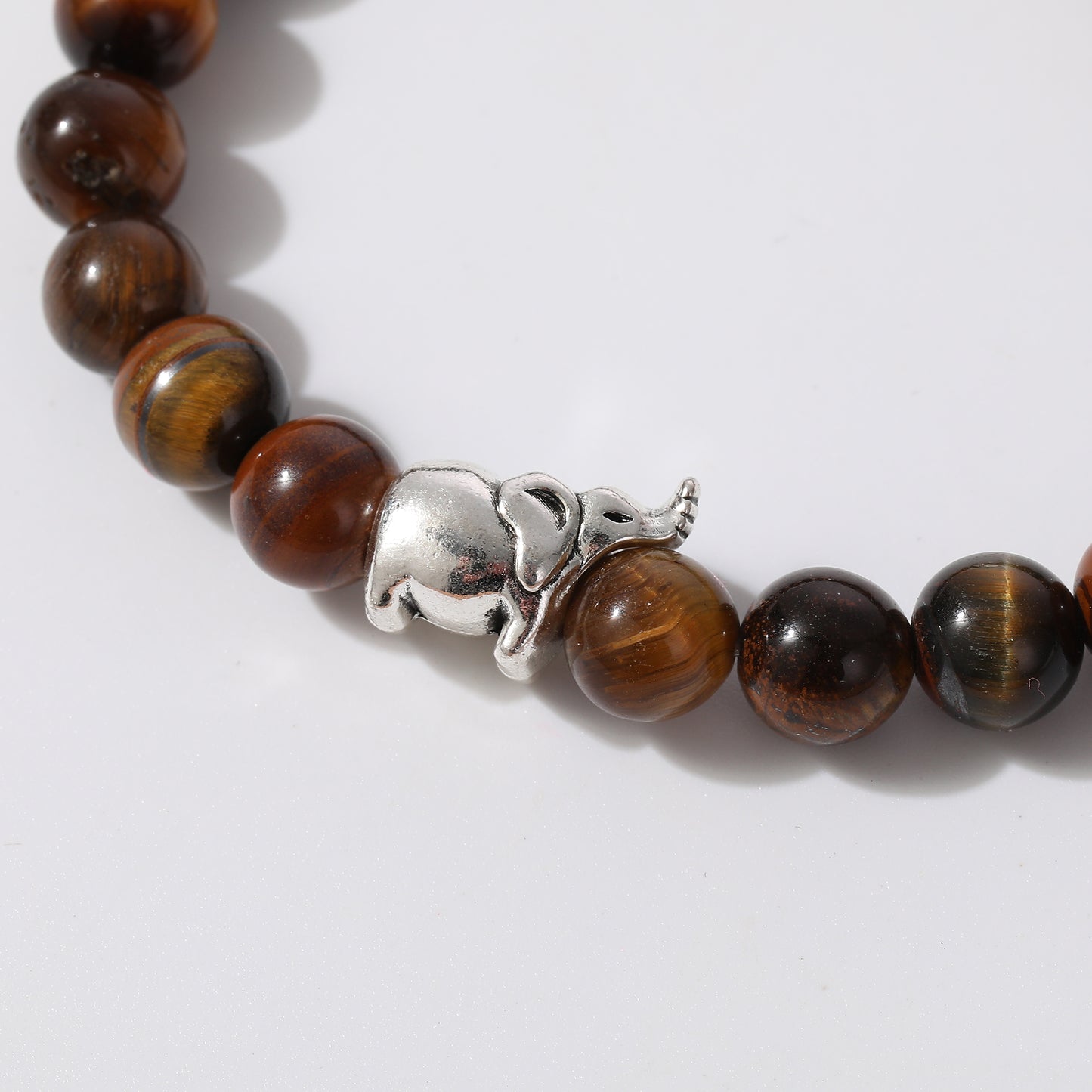 Handmade Genuine Stone Bead Bracelets with Silver Elephant Charms - Boho Style Elastic Jewelry