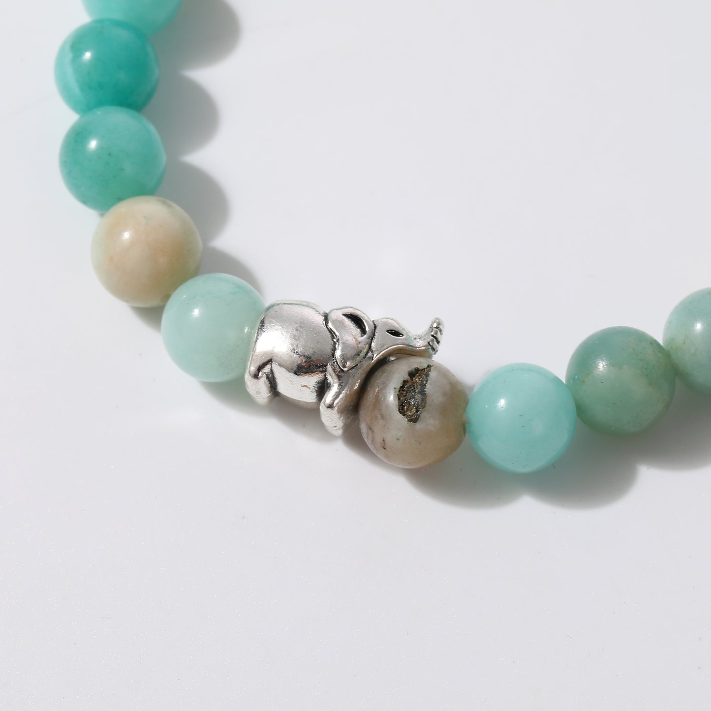 Handmade Genuine Stone Bead Bracelets with Silver Elephant Charms - Boho Style Elastic Jewelry