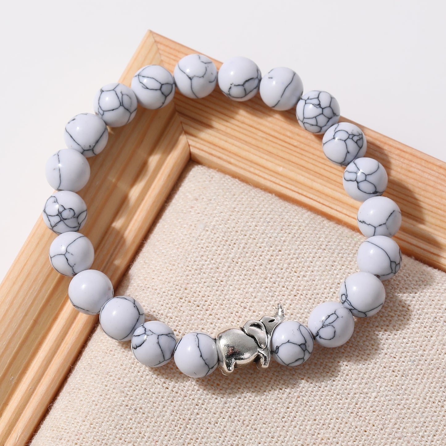 Handmade Genuine Stone Bead Bracelets with Silver Elephant Charms - Boho Style Elastic Jewelry