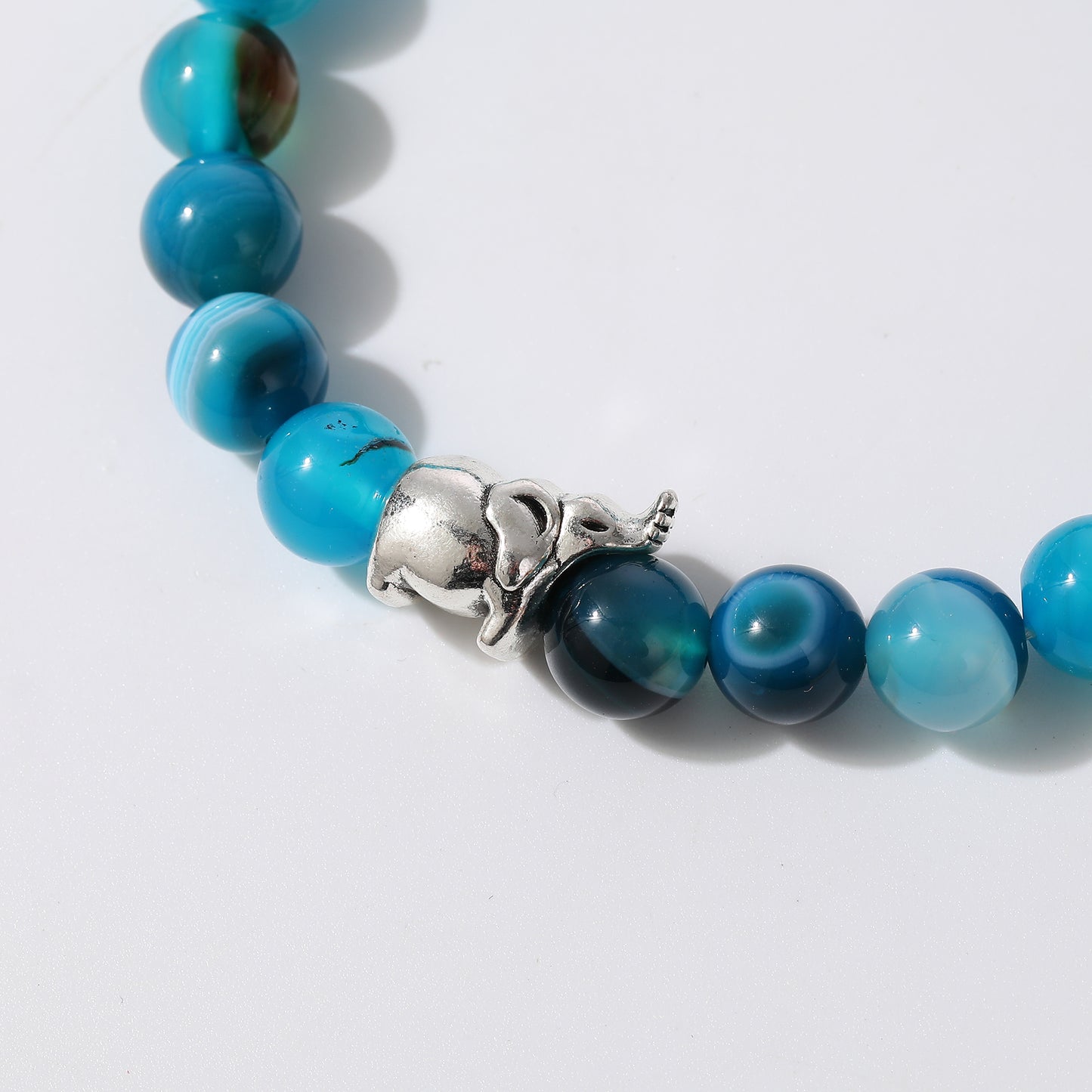 Handmade Genuine Stone Bead Bracelets with Silver Elephant Charms - Boho Style Elastic Jewelry