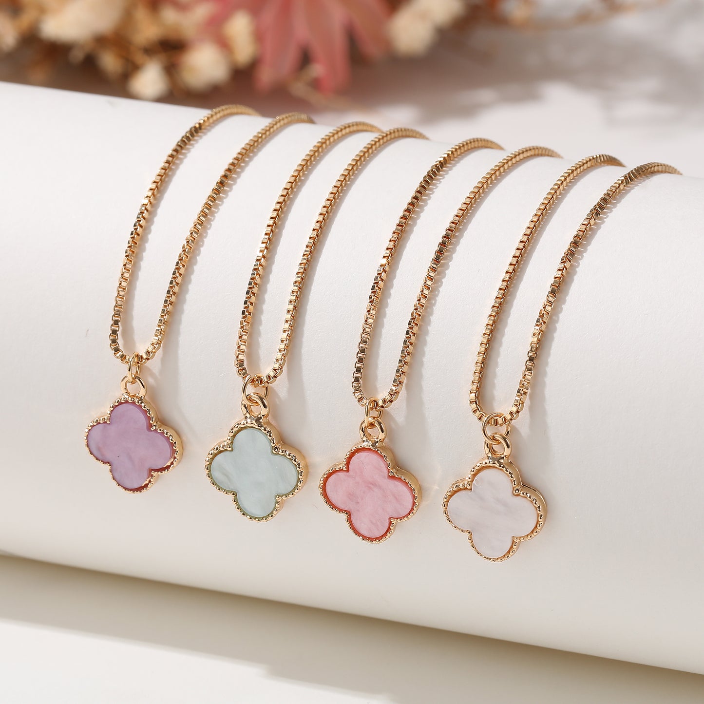 Gold Anklet with Pearlized Clover Charms - Elegant & Charming Jewelry for Women in Pastel Purple, Mint, Pink & White - Perfect for Everyday Wear or Special Occasions