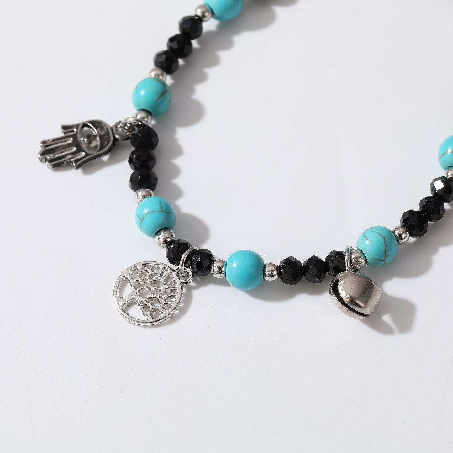 Hamsa Hand Beaded Bracelet with Black & Turquoise Beads - Spiritual Protection Jewelry for Women - Boho Style Handmade Bracelet for Everyday Wear and Gifts