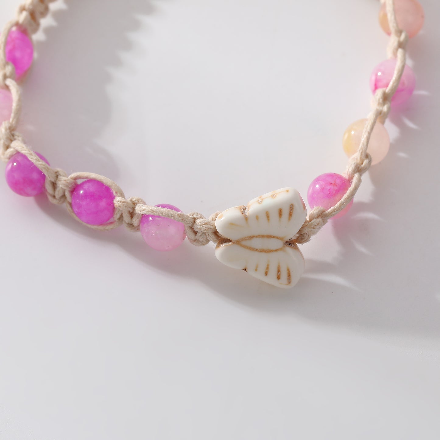 Pink and Purple Genuine Stone Beads & Butterfly Macrame Bracelet - Handcrafted Boho Chic Jewelry for Women