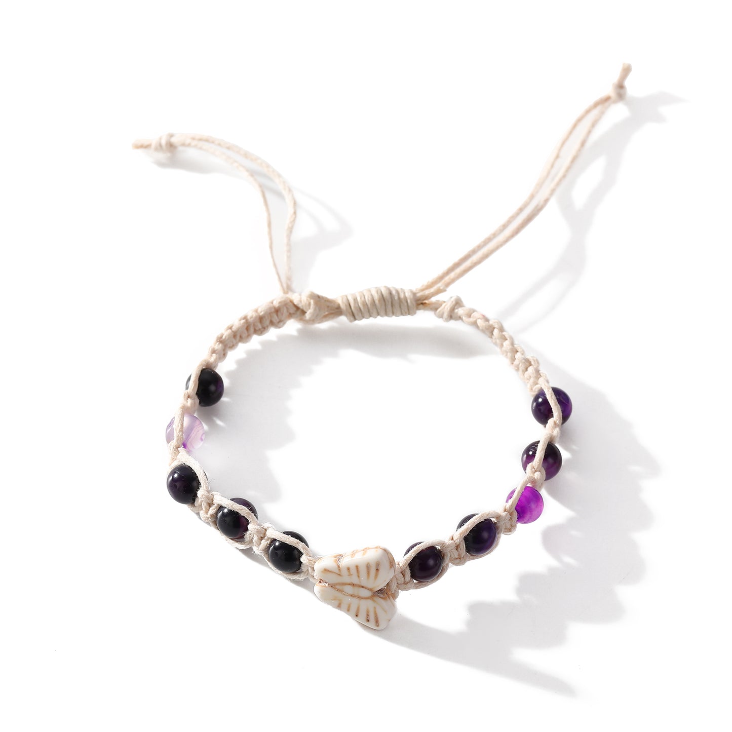 Pink and Purple Genuine Stone Beads & Butterfly Macrame Bracelet - Handcrafted Boho Chic Jewelry for Women