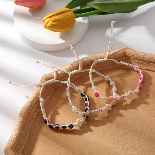 Handmade White Macrame Bracelet with Colorful Stone Beads & White Cross - Boho Style Jewelry