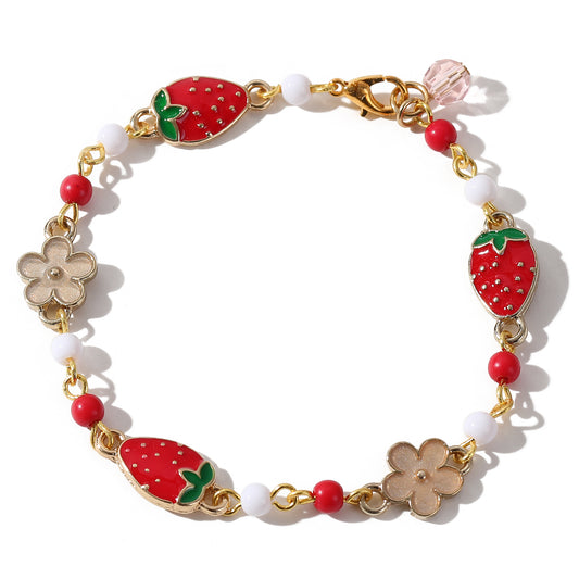 Gold Strawberry & Flower Charm Bracelet - Whimsical and Elegant Jewelry for Women