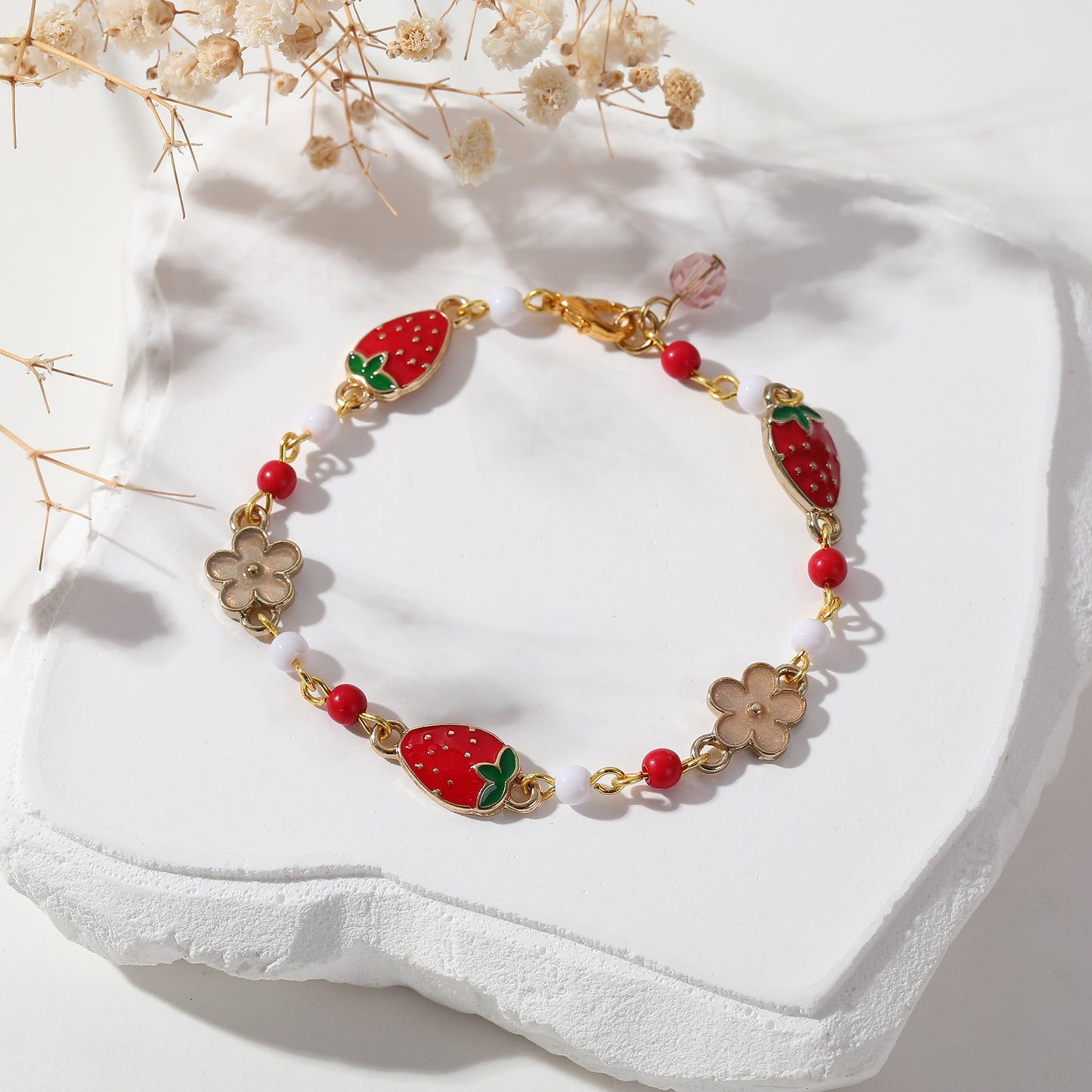 Gold Strawberry & Flower Charm Bracelet - Whimsical and Elegant Jewelry for Women