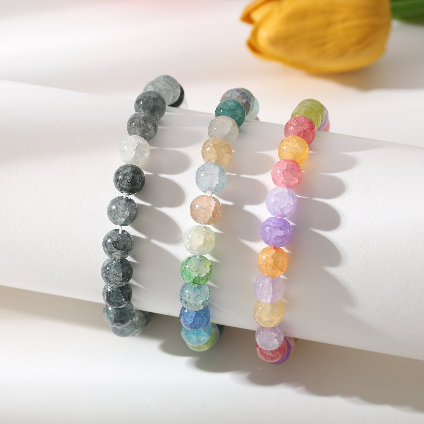 Assorted Genuine Round Stone  on Elastic Beaded Bracelet