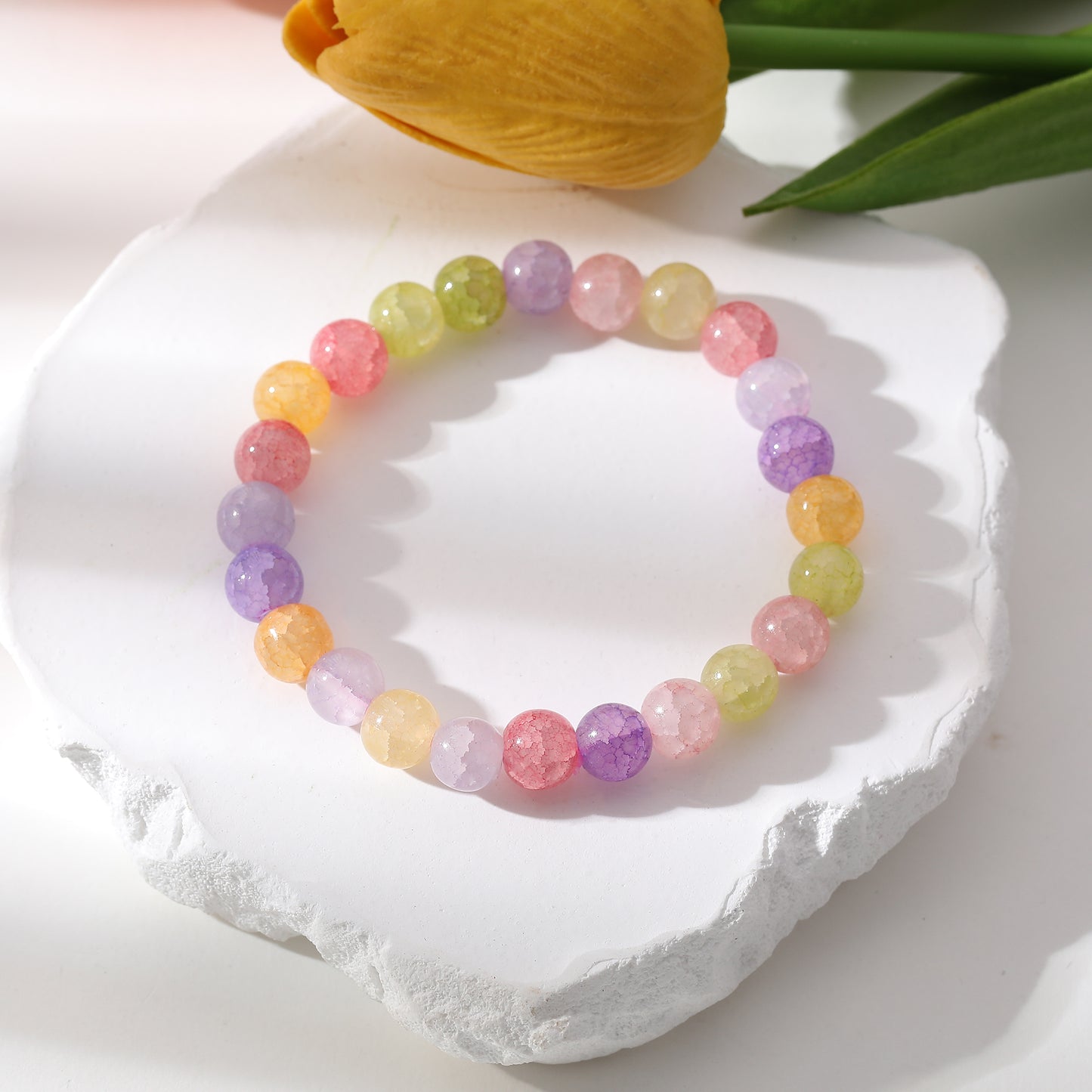 Assorted Genuine Round Stone  on Elastic Beaded Bracelet