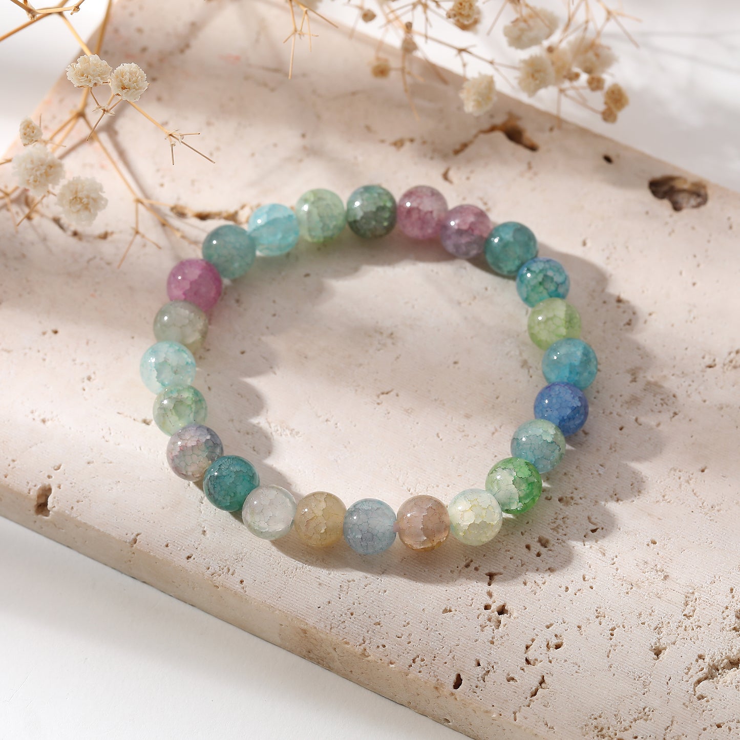 Assorted Genuine Round Stone  on Elastic Beaded Bracelet