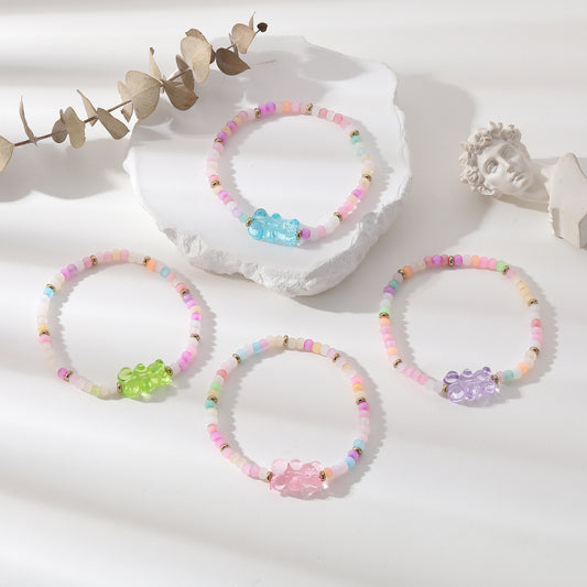 Colorful Bear Bracelet| Handmade Elastic Bracelet with Multicolor Gradient Beads & Transparent Bear Charms |