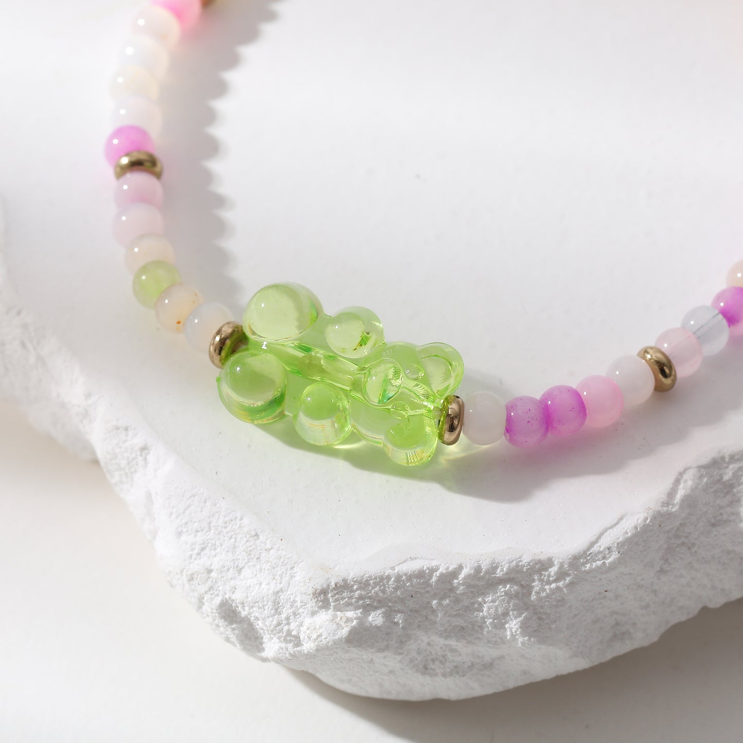 Colorful Bear Bracelet| Handmade Elastic Bracelet with Multicolor Gradient Beads & Transparent Bear Charms |