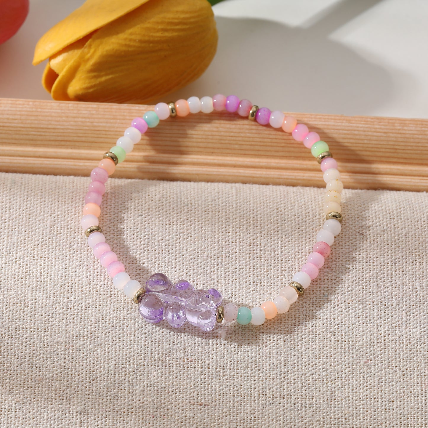 Colorful Bear Bracelet| Handmade Elastic Bracelet with Multicolor Gradient Beads & Transparent Bear Charms |