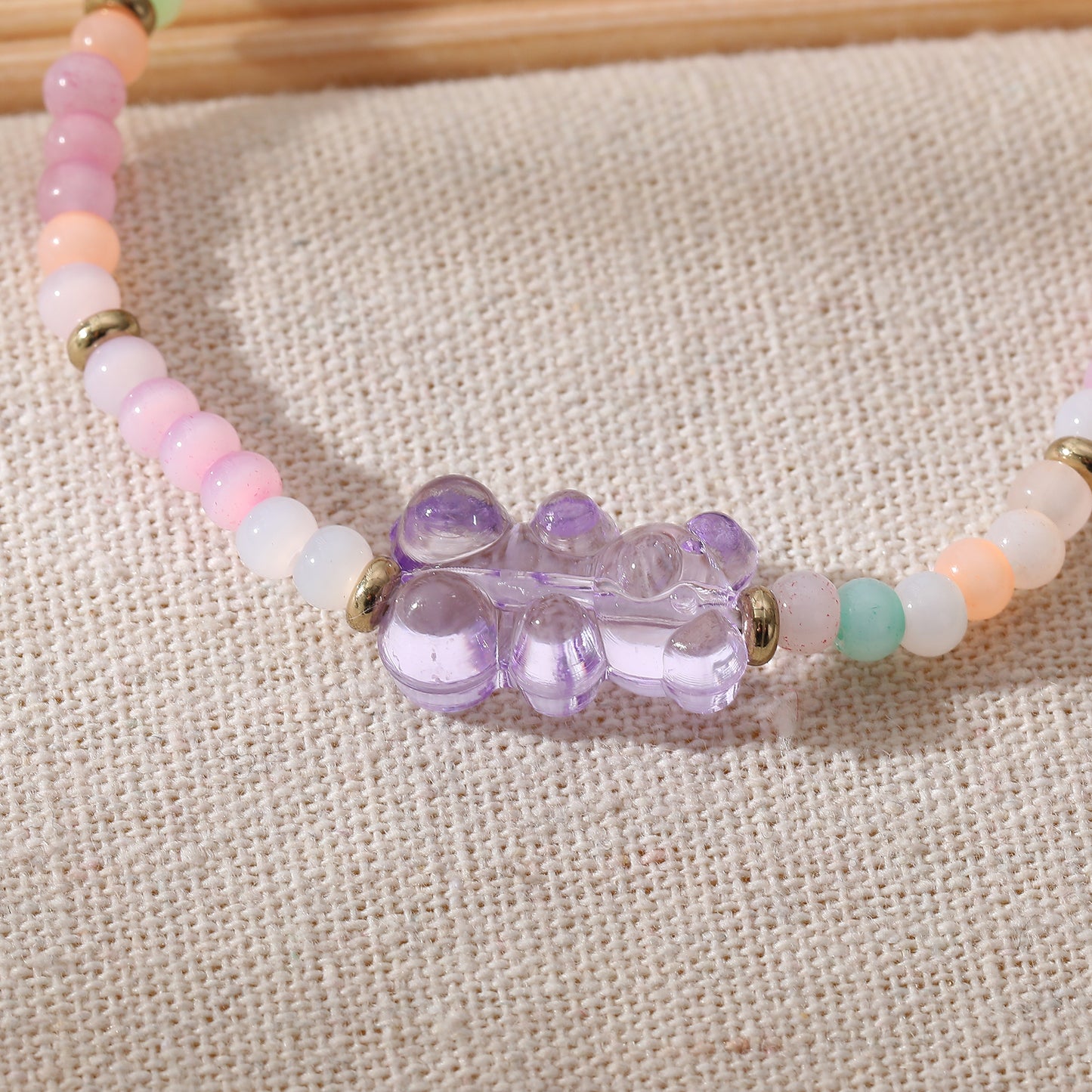 Colorful Bear Bracelet| Handmade Elastic Bracelet with Multicolor Gradient Beads & Transparent Bear Charms |