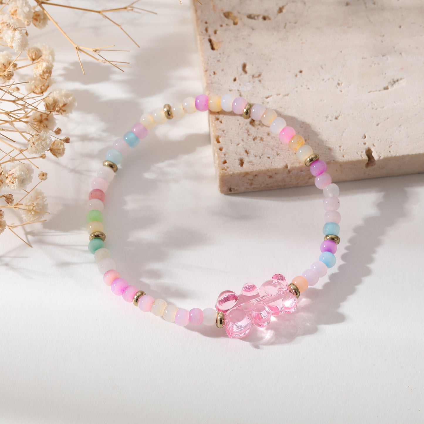 Colorful Bear Bracelet| Handmade Elastic Bracelet with Multicolor Gradient Beads & Transparent Bear Charms |