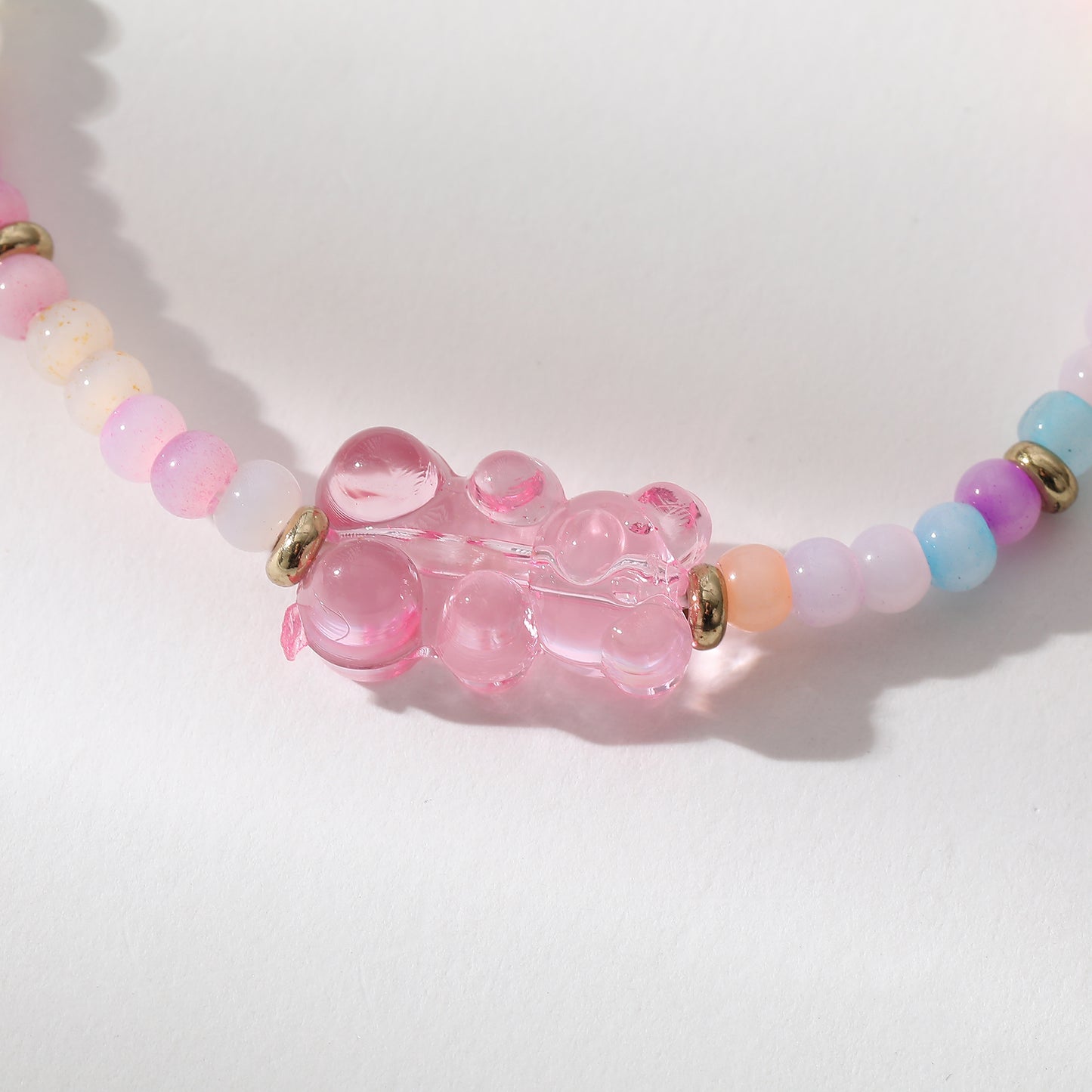 Colorful Bear Bracelet| Handmade Elastic Bracelet with Multicolor Gradient Beads & Transparent Bear Charms |